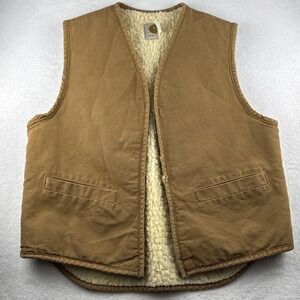 Vtg Carhartt‎ Vest Mens Large Sherpa-Lined Brown Duck 6SV USA-Made Distressed